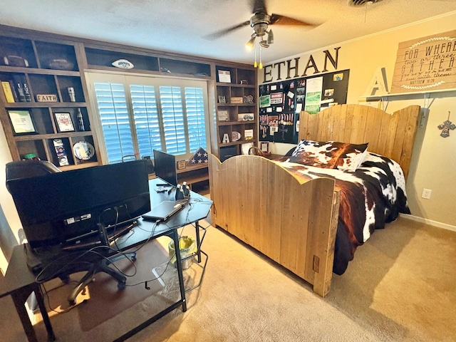 819 N Amherst Hwy, Earth, TX 79031 - carpeted bedroom featuring ornamental molding and ceiling fan