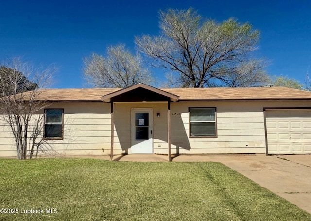 6210 22nd St, Lubbock, TX 79407 - single story home featuring a front lawn, a garage, a shingled roof, and concrete driveway