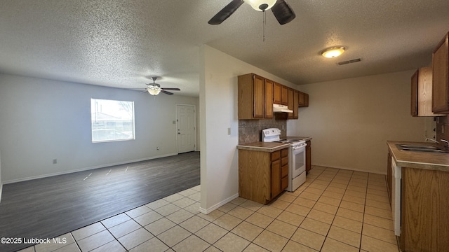 6210 22nd St, Lubbock, TX 79407 - kitchen with white range with electric stovetop, a ceiling fan, a textured ceiling, a sink, and under cabinet range hood