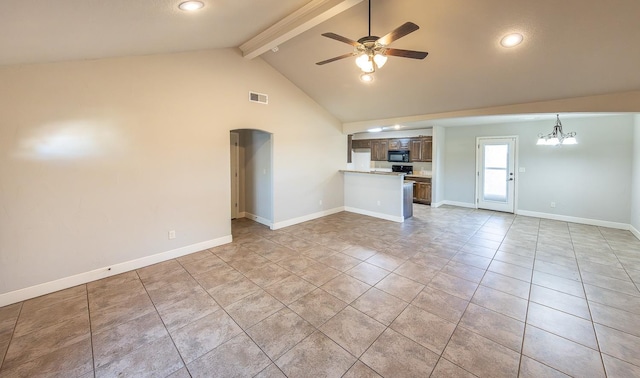 unfurnished living room with ceiling fan, light tile patterned floors, high vaulted ceiling, and beamed ceiling