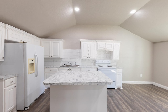 kitchen featuring sink, white appliances, dark wood-type flooring, white cabinets, and a kitchen island