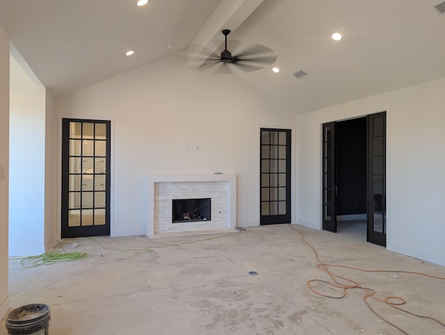 unfurnished living room featuring recessed lighting, visible vents, a fireplace, and baseboards