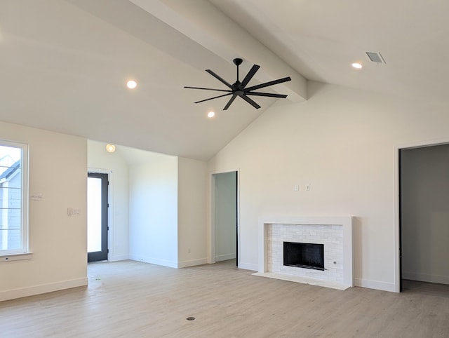 unfurnished living room with visible vents, baseboards, beam ceiling, and light wood finished floors