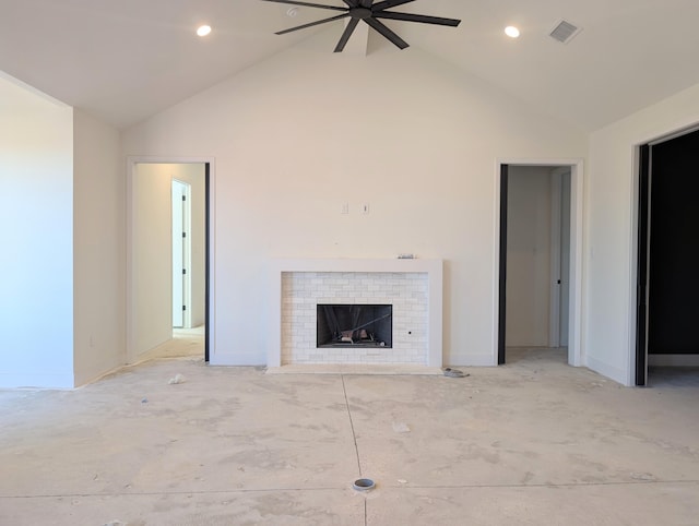 unfurnished living room with recessed lighting, visible vents, a brick fireplace, high vaulted ceiling, and baseboards