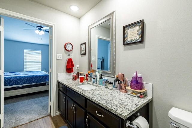 2541 137th St, Lubbock, TX 79423 - bathroom with wood-type flooring, vanity, ceiling fan, and toilet
