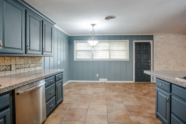 kitchen with dishwasher, ornamental molding, pendant lighting, and light tile patterned floors