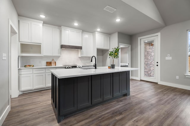 kitchen with light countertops, a sink, a kitchen island with sink, and white cabinets