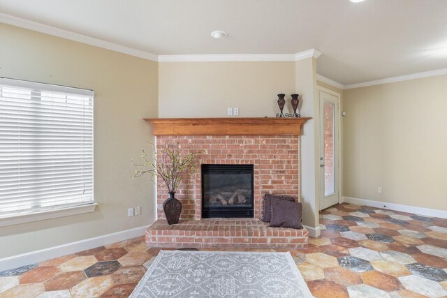 living room featuring crown molding and a brick fireplace