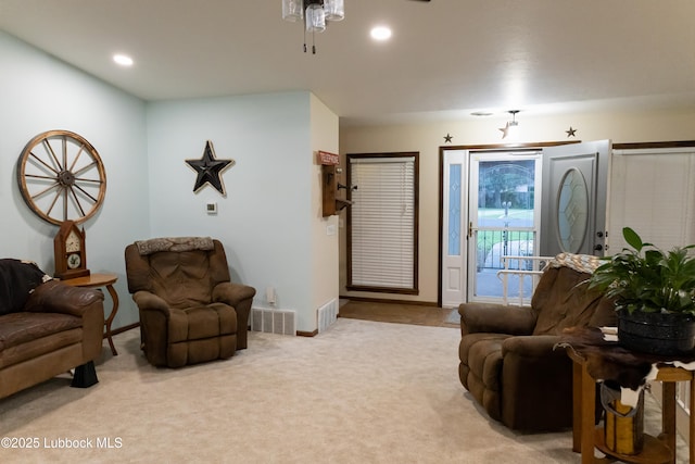 2512 Holliday Dr, Plainview, TX 79072 - living room with carpet flooring, baseboards, recessed lighting, and a ceiling fan