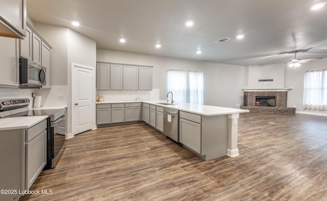 3202 Venita Ave, Lubbock, TX 79407 - kitchen with appliances with stainless steel finishes, gray cabinets, a peninsula, a ceiling fan, and open floor plan