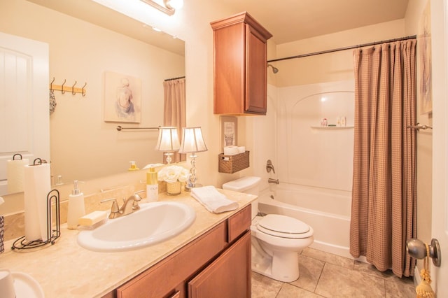 full bathroom featuring shower / tub combo with curtain, vanity, tile patterned flooring, and toilet