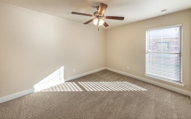 empty room featuring ceiling fan and carpet