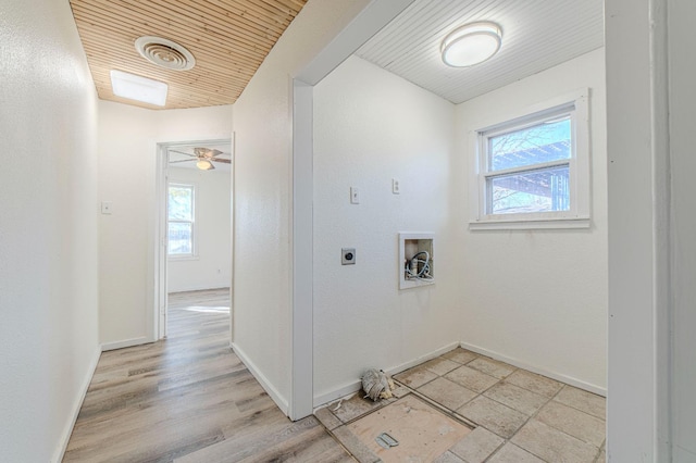 laundry room featuring washer hookup, wood ceiling, and hookup for an electric dryer