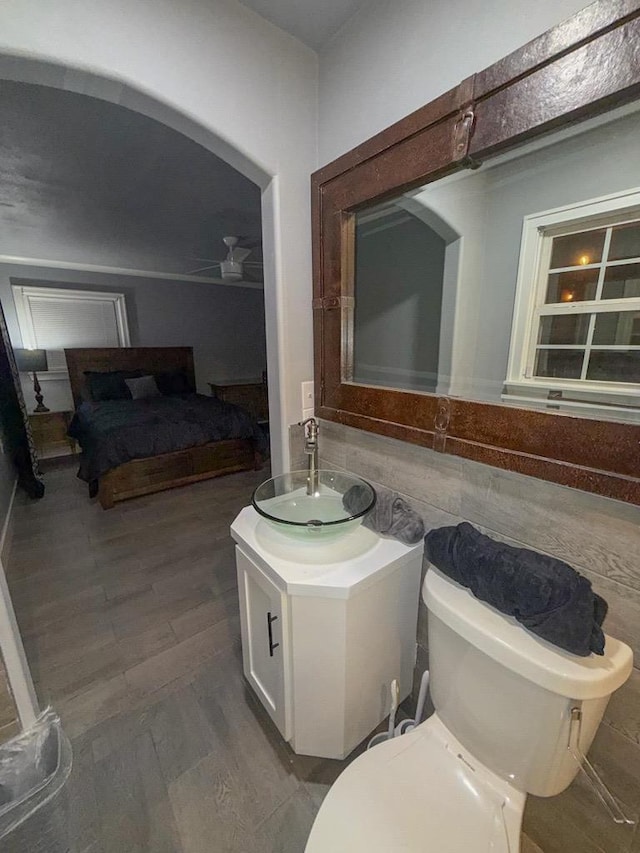 bathroom with vanity, wood-type flooring, tile walls, and toilet