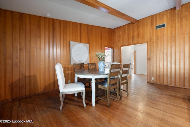 2005 32nd St, Lubbock, TX 79411 - dining area with wood-type flooring, wooden walls, and beamed ceiling