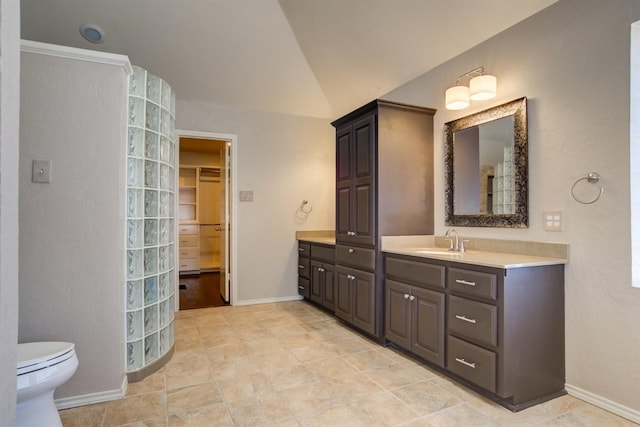 bathroom featuring vaulted ceiling, vanity, and toilet