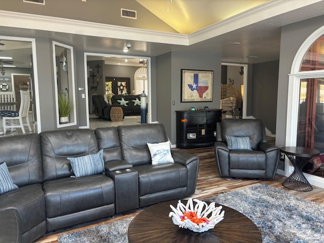 living room with lofted ceiling, wood-type flooring, and french doors