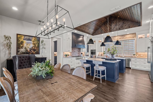7733 46th St, Lubbock, TX 79407 - dining space with vaulted ceiling, wood ceiling, and dark wood-style flooring