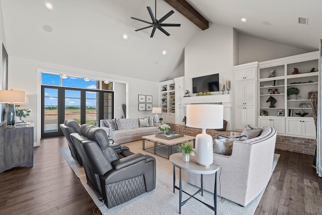 7733 46th St, Lubbock, TX 79407 - living room with beam ceiling, a ceiling fan, high vaulted ceiling, dark wood-type flooring, and a fireplace