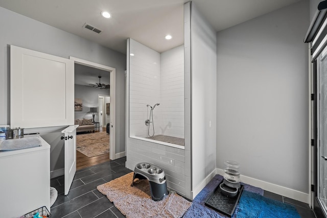 7733 46th St, Lubbock, TX 79407 - ensuite bathroom with walk in shower, recessed lighting, tile patterned flooring, and a ceiling fan