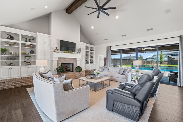 7733 46th St, Lubbock, TX 79407 - living area featuring high vaulted ceiling, a ceiling fan, beam ceiling, wood-type flooring, and a fireplace