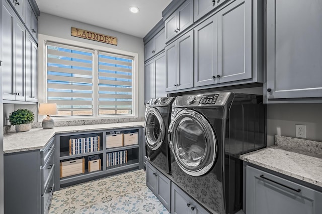 7733 46th St, Lubbock, TX 79407 - laundry room featuring cabinet space, independent washer and dryer, and recessed lighting
