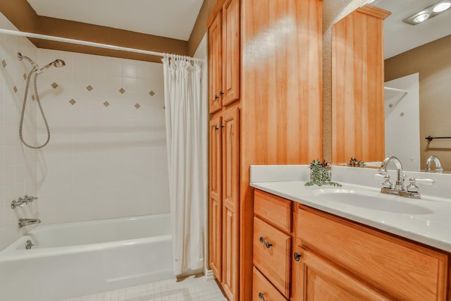 bathroom featuring vanity, tile patterned floors, and shower / bathtub combination with curtain