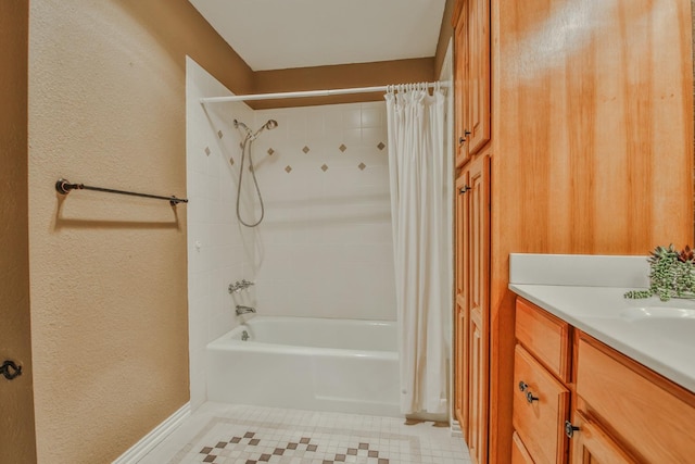 bathroom with vanity, tile patterned floors, and shower / bath combination with curtain