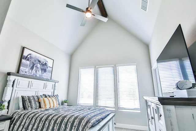 bedroom featuring vaulted ceiling with beams, visible vents, carpet flooring, ceiling fan, and baseboards