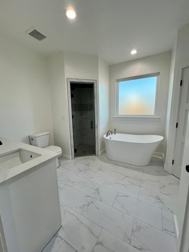 full bathroom featuring vanity, toilet, and separate shower and tub