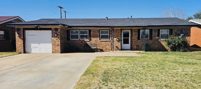 ranch-style home featuring a garage, brick siding, a front yard, and driveway