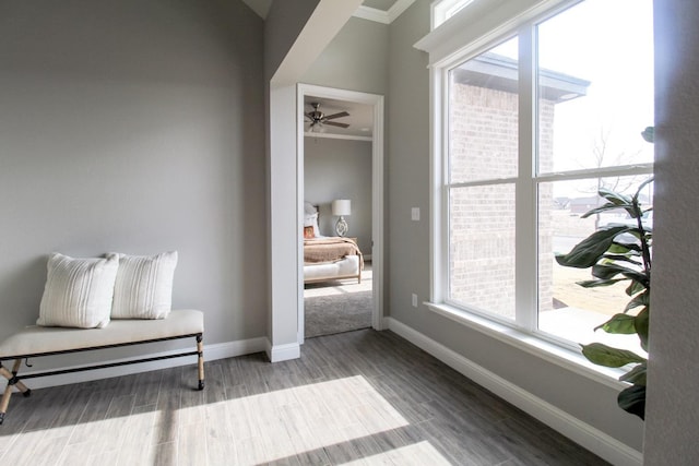 living area with ceiling fan, ornamental molding, and hardwood / wood-style floors