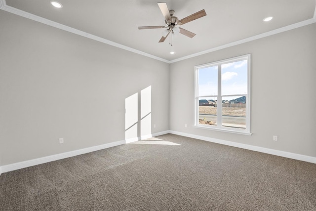 carpeted empty room featuring recessed lighting, baseboards, a ceiling fan, and crown molding