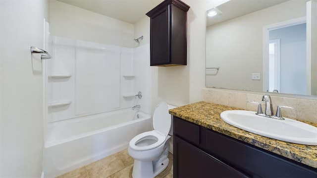 full bathroom featuring tasteful backsplash, vanity, bathtub / shower combination, and toilet