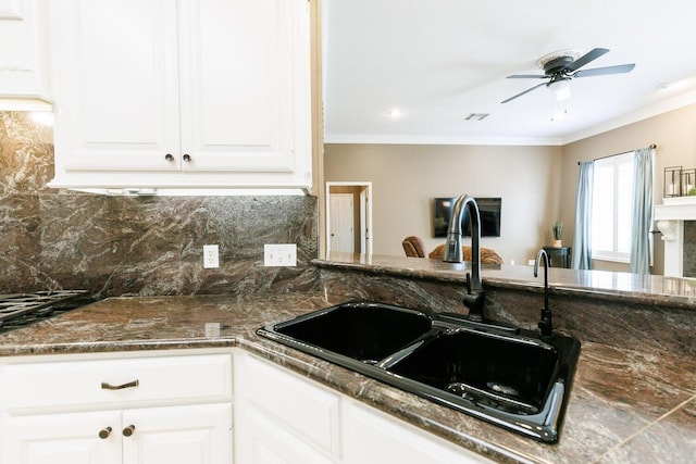 3709 156th St, Lubbock, TX 79423 - kitchen with tasteful backsplash, ceiling fan, ornamental molding, white cabinets, and dark stone countertops