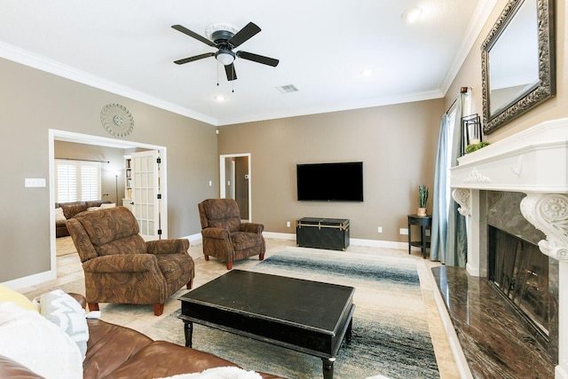 3709 156th St, Lubbock, TX 79423 - living room featuring a high end fireplace, ornamental molding, ceiling fan, and recessed lighting