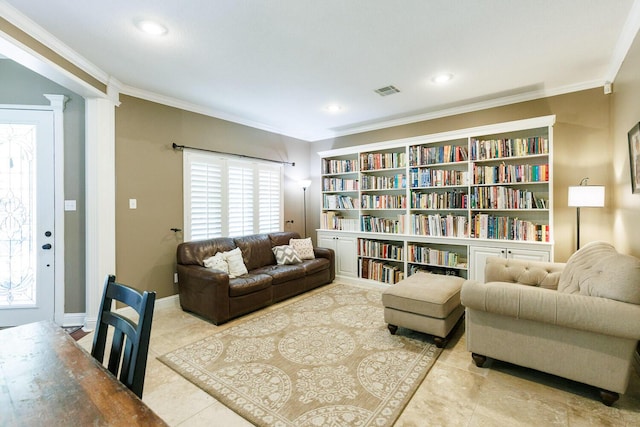 3709 156th St, Lubbock, TX 79423 - living room featuring crown molding, tile patterned flooring, recessed lighting, and ornate columns