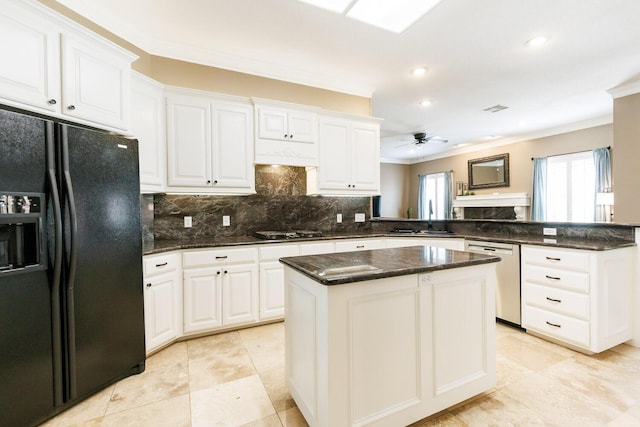 3709 156th St, Lubbock, TX 79423 - kitchen with black fridge with ice dispenser, stainless steel dishwasher, ornamental molding, a peninsula, and ceiling fan