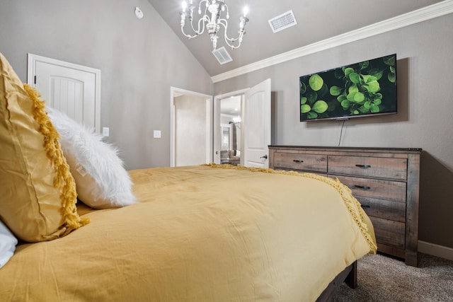 bedroom featuring an inviting chandelier, ornamental molding, carpet flooring, and vaulted ceiling