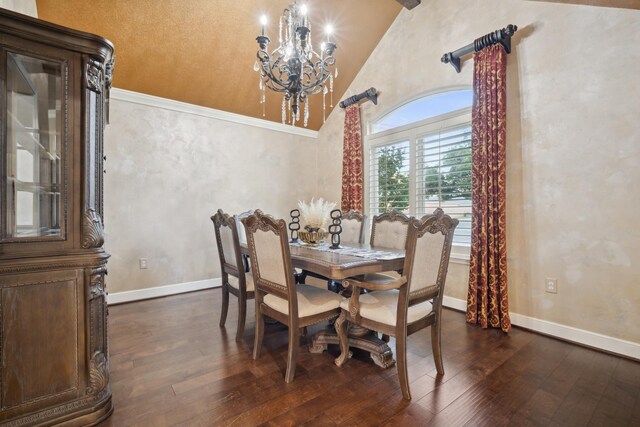 dining space with an inviting chandelier, lofted ceiling, and dark wood-type flooring