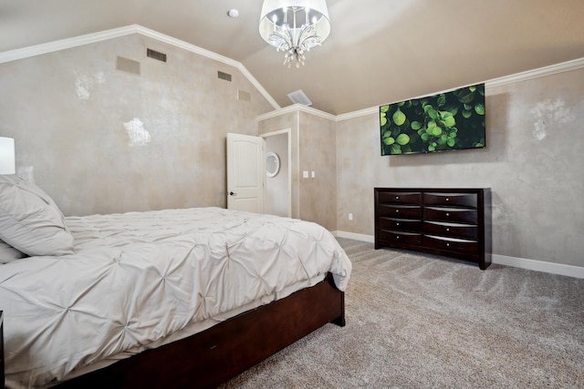 bedroom with ornamental molding, lofted ceiling, light colored carpet, and an inviting chandelier