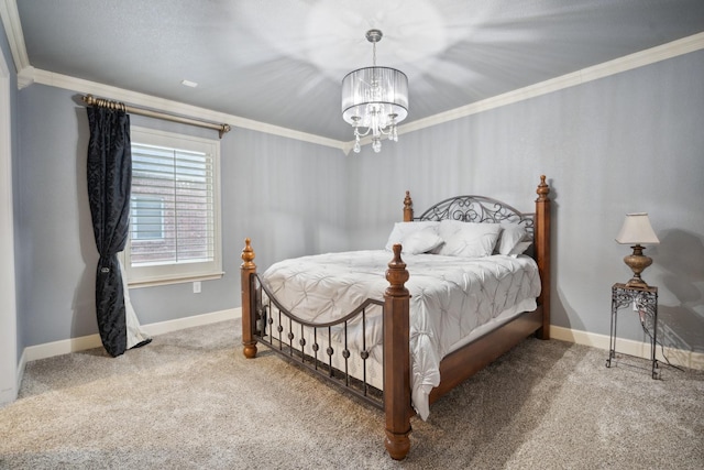 carpeted bedroom featuring a notable chandelier and ornamental molding