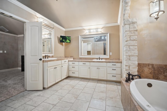 bathroom featuring tiled tub, ornamental molding, and vanity