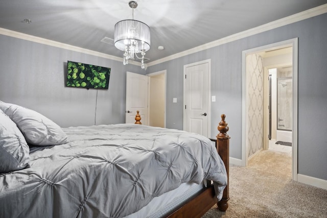 bedroom with light carpet, crown molding, and a chandelier