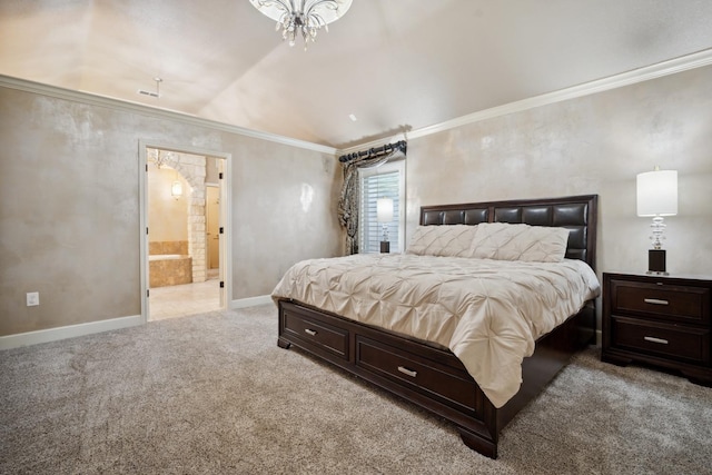 bedroom with light carpet, connected bathroom, ornamental molding, and an inviting chandelier