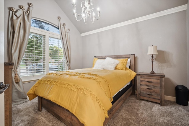 bedroom with lofted ceiling, an inviting chandelier, access to exterior, carpet, and ornamental molding