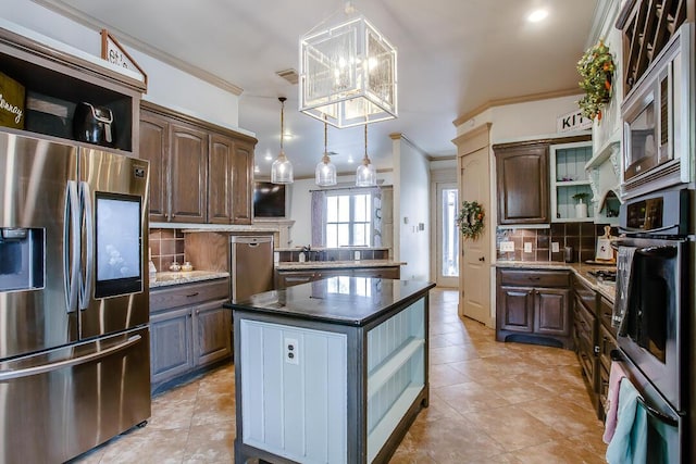 kitchen with decorative backsplash, open shelves, a center island, ornamental molding, and appliances with stainless steel finishes