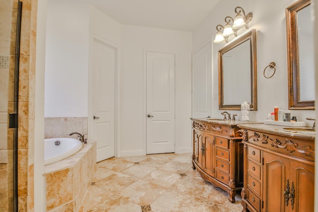 bathroom featuring tiled shower, vanity, and a bath