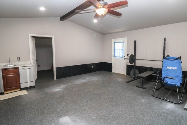 office area featuring sink, lofted ceiling with beams, and ceiling fan