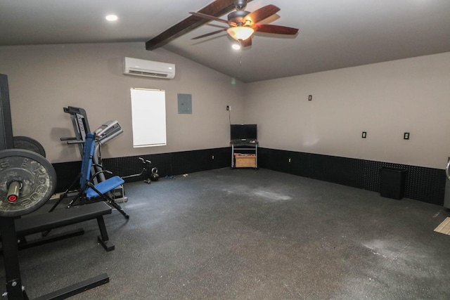 exercise area with lofted ceiling, ceiling fan, a wall unit AC, and electric panel